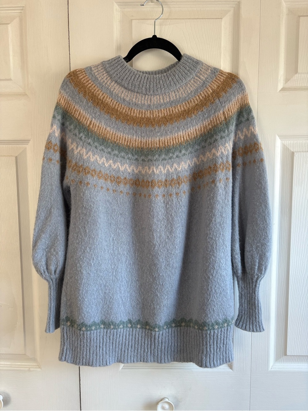 J.Crew Sweater XXS Blue Fair Isle Yoke Puff-Sleeve Alpaca Wool Very Oversized‎